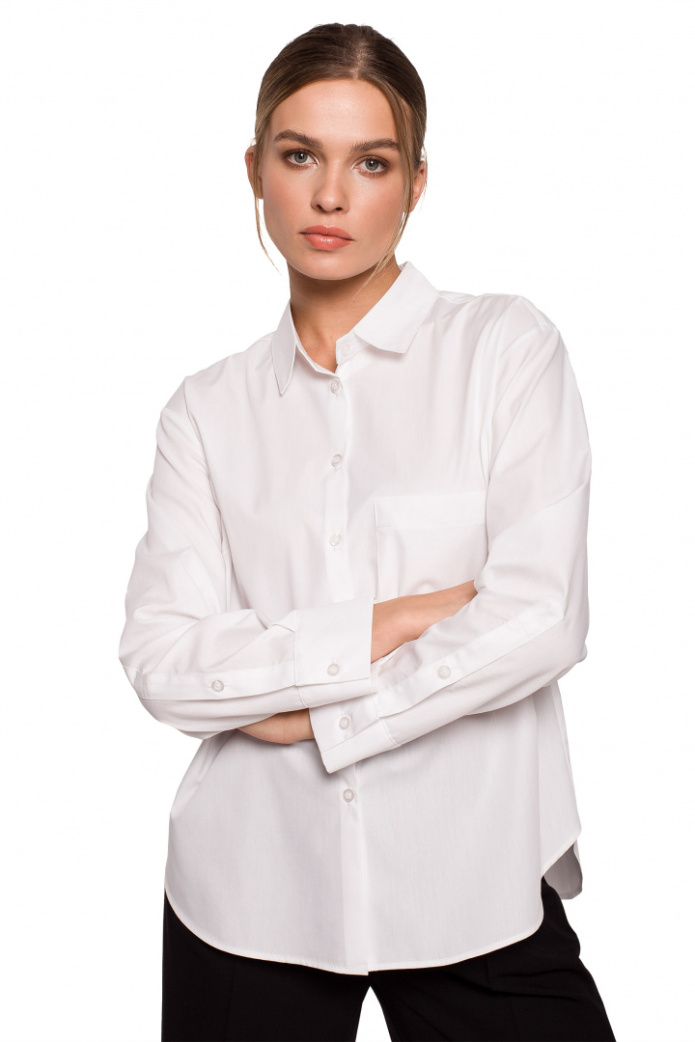 Koszula Damska - Klasyczna Zapinana Na Guziki Bawełniana - biała